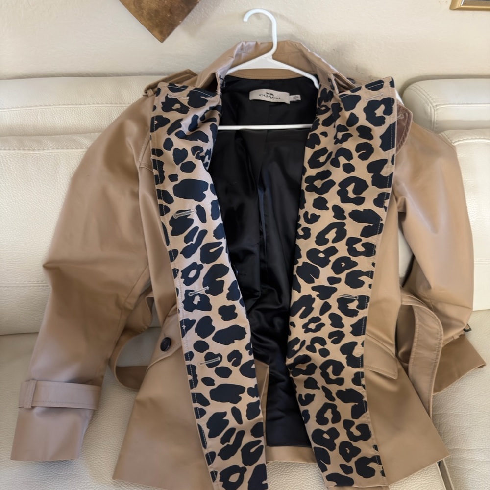 Coach Beige and Black Leopard Trench Coat jacket